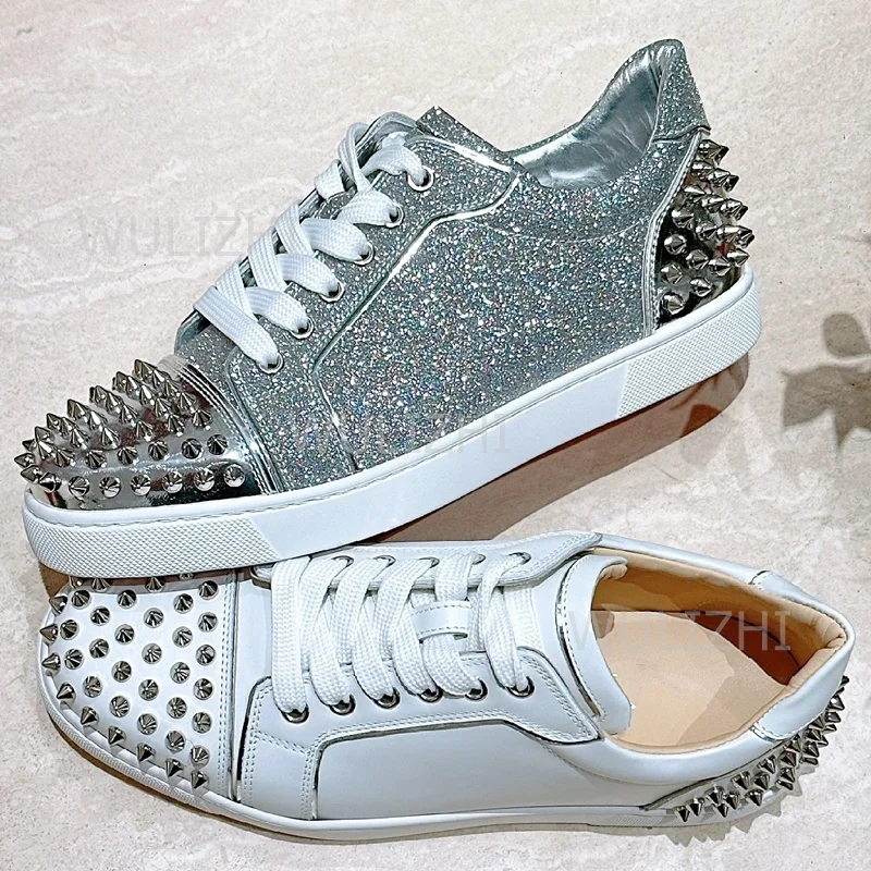 Sepatu Keling Kulit Payet Berkilau Perak Sepatu Flat Mewah Pria Sepatu Pantofel Logam Kasual Tenis Ujung Bundar Bertali Olahraga Wanita
