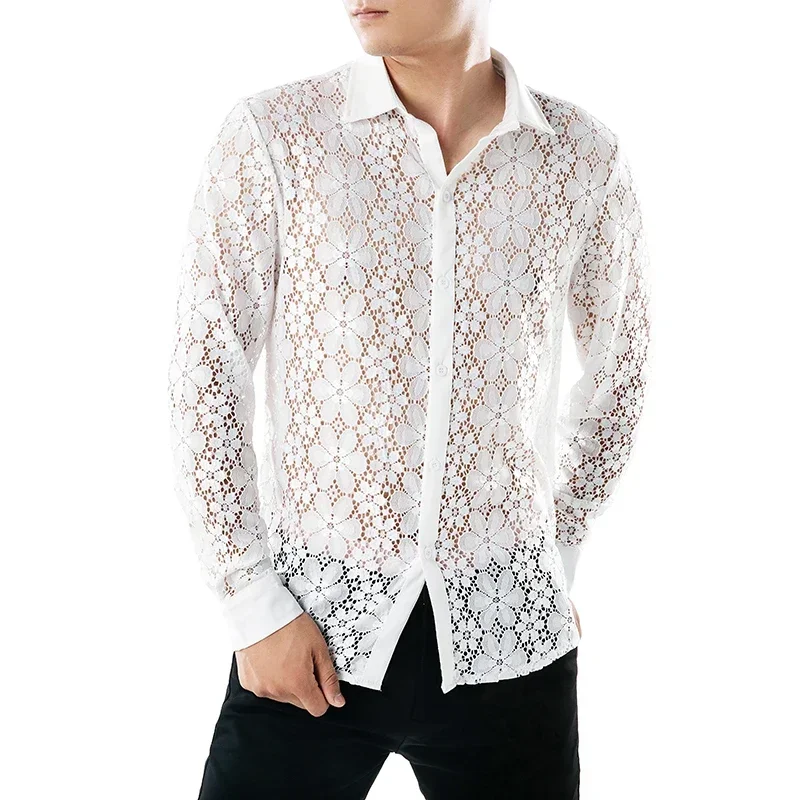 

2022 Autumn College style unique Sexy lace design shirts men casual slim whole body lace shirts for men,size S-XXL