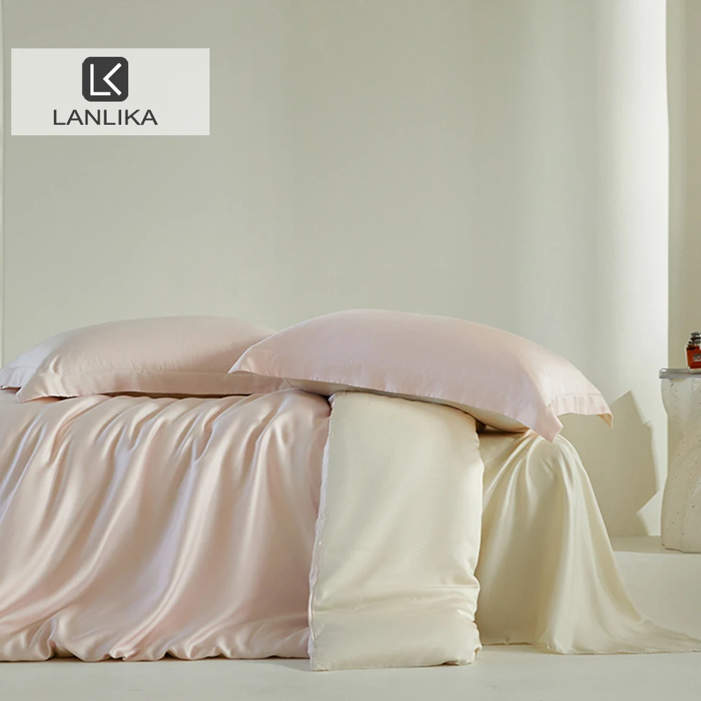 Lanlika Women Top Grade 100% Silk Bedding Set Pink Double Color Duvet Cover Flat Sheet Queen King Bed Linen Pillowcase For Sleep