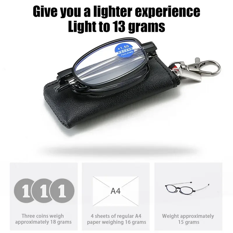 Portable Folding Reading Glasses Key Chain Anti Blue Light Anti-Radiation Eyewear with Storage Bag Women Men Presbyopic Glasses