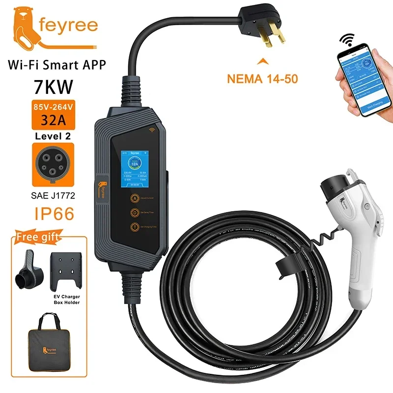 Feyree Type1 휴대용 EV 충전기 7KW 32A 1상 J1772 소켓(5m 케이블 포함) 전기 자동차용 스마트 APP WIFI 제어 버전