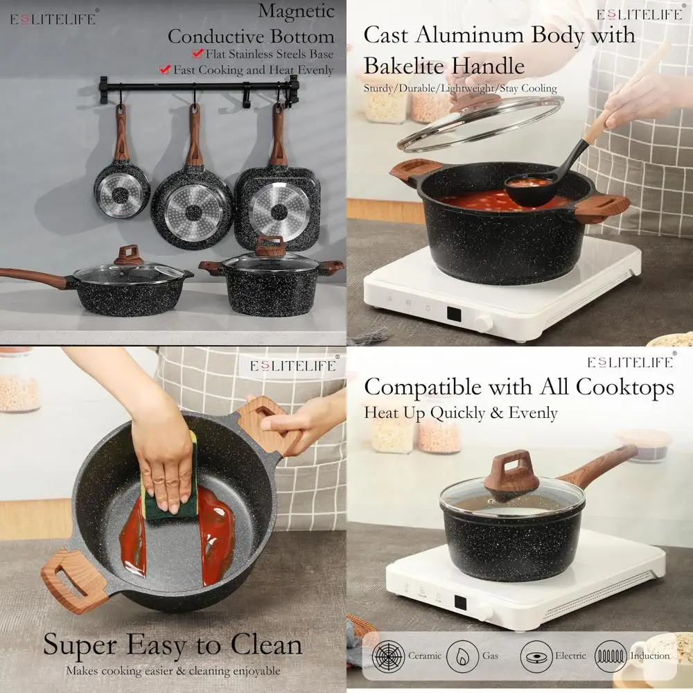 

9-Piece Granite Coated Nonstick Pots and Pans Set, Black, Suitable for All Cooktops (Gas, Electric, Induction), PFOA-Free Kitche