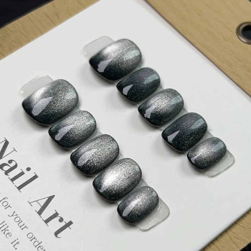 Uñas press-on de ojo de gato hechas a mano, cortas, de cobertura completa, reutilizables, para mujer 2