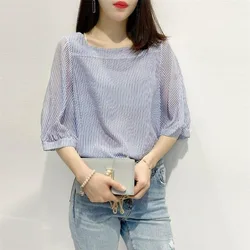 Summer Shirts & Blouses for Women with Puffy Sleeves Woman Top Striped Xl Cool Y2k Fashion Vintage Korean Popular Clothes 2025 S