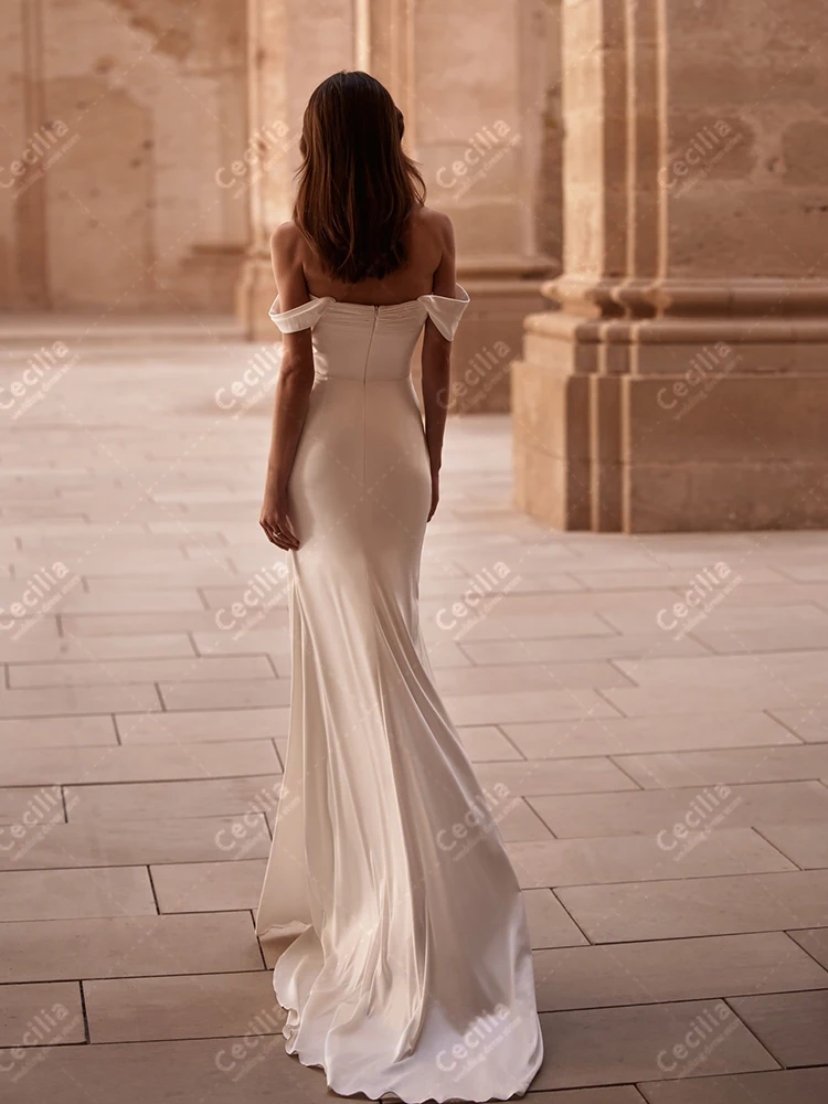 Eleganckie Suknie Ślubne Satynowe Suknie Ślubne Odkryte Ramiona Sukienki Dekolt w Serek Bez Pleców Proste Personalizowane Vestidos De Novia 2025