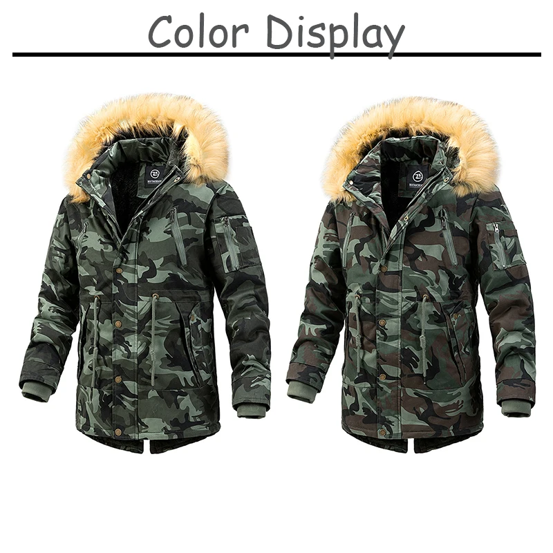 2024 Winter Outdoor Men\'s Cold Coat Warm Hunting Camouflage Thickened Mid-length Cotton Coat Work Camouflage Windproof Clothing