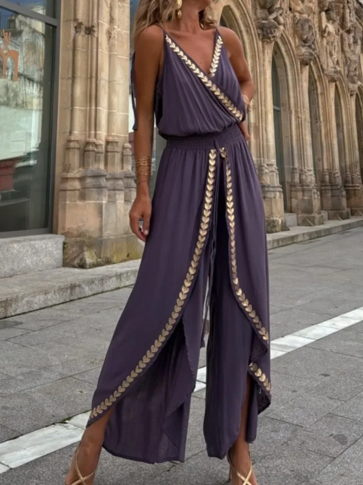 Summer Vintage Gold Ribbon Border High Waist Jumpsuits Elegant Sexy V Neck Loose Suspender Casual Sleeveless Streetwear Romper
