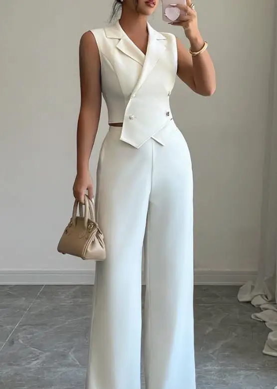

Two Piece Set Women Outfit 2026 Spring Summer New Solid Color Notched Collar Sleeveless Crop Top & High Waist Wide Leg Pants Set