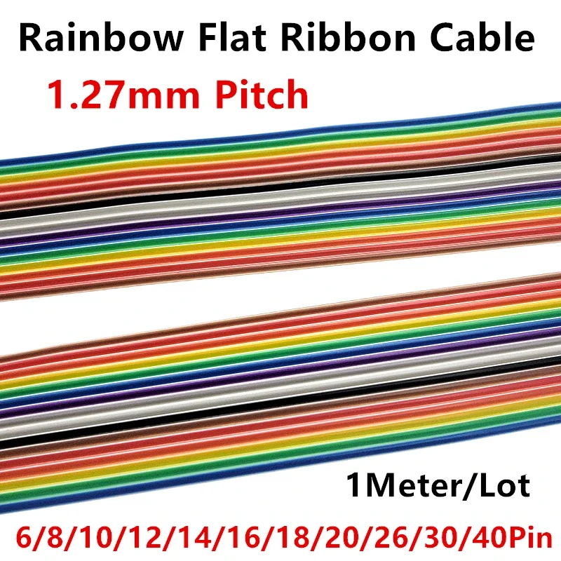 

1Meter 1.27mm Pitch 6/8/10/12/14/16/18/20/26/30/40 Pin Rainbow Flat Ribbon Cable DuPont Wire 28AWG For 2.54mm IDC Connector