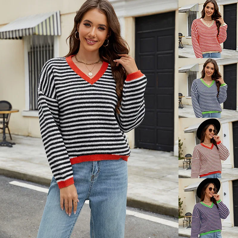 

Fashionable Spring Autumn Women's Top Female V-neck Twisted Strip Color Blocked Short Sleeve Loose T-shirt For Women Knitted Top