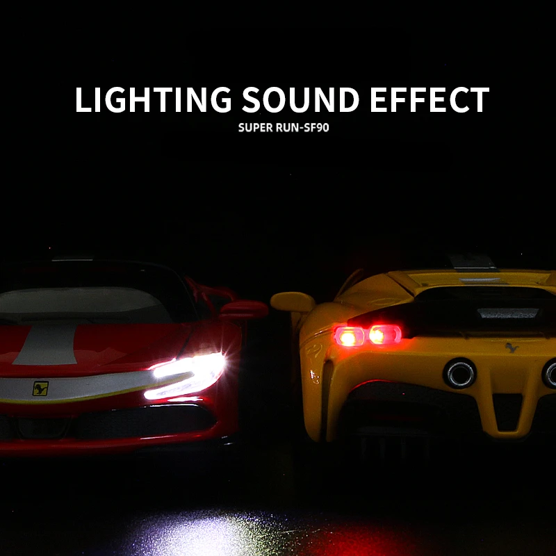 1:32 SF90 legering sportwagen gegoten; speelgoedvoertuigen metalen auto simulatie geluid en licht collectie kindercadeau