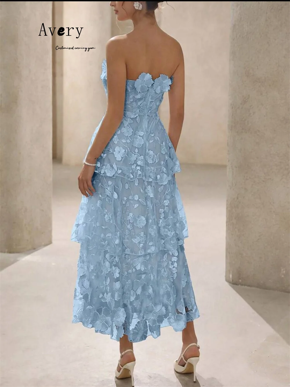 Avery Maßgeschneiderte blaue Blume, A-Linie, hohl, luxuriös, Damen-Abendkleider, elegante Partykleider, 2025, Party, langes Kleid