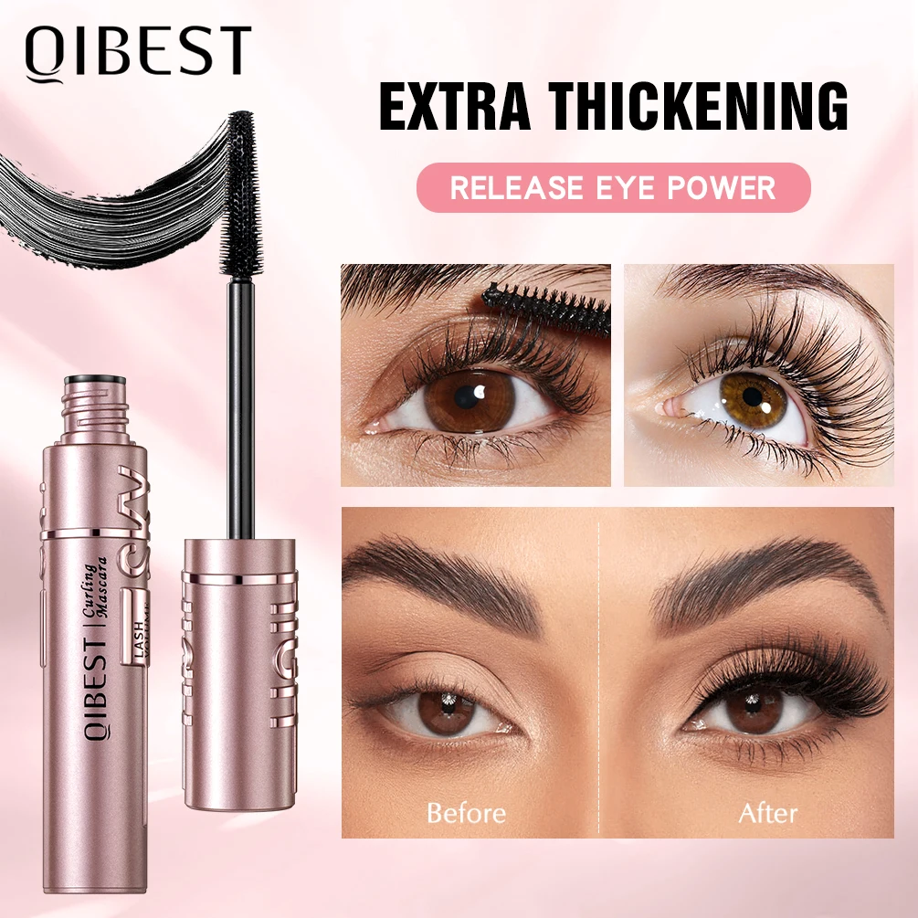 QIBEST Mascara Waterproof 4D Silk Fiber Curling Volume Lashes Thick Lengthening Nourish Eyelash Extension High Quality Makeup