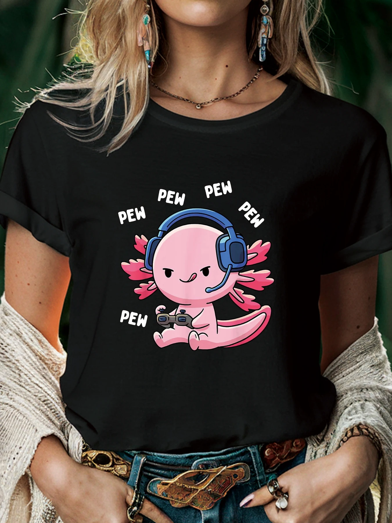 Axolotl Gaming Frauen T-Shirt Sommer Mode Kurzarm T-Shirt gedruckt O-Ausschnitt lässig T-Shirt Damen bekleidung