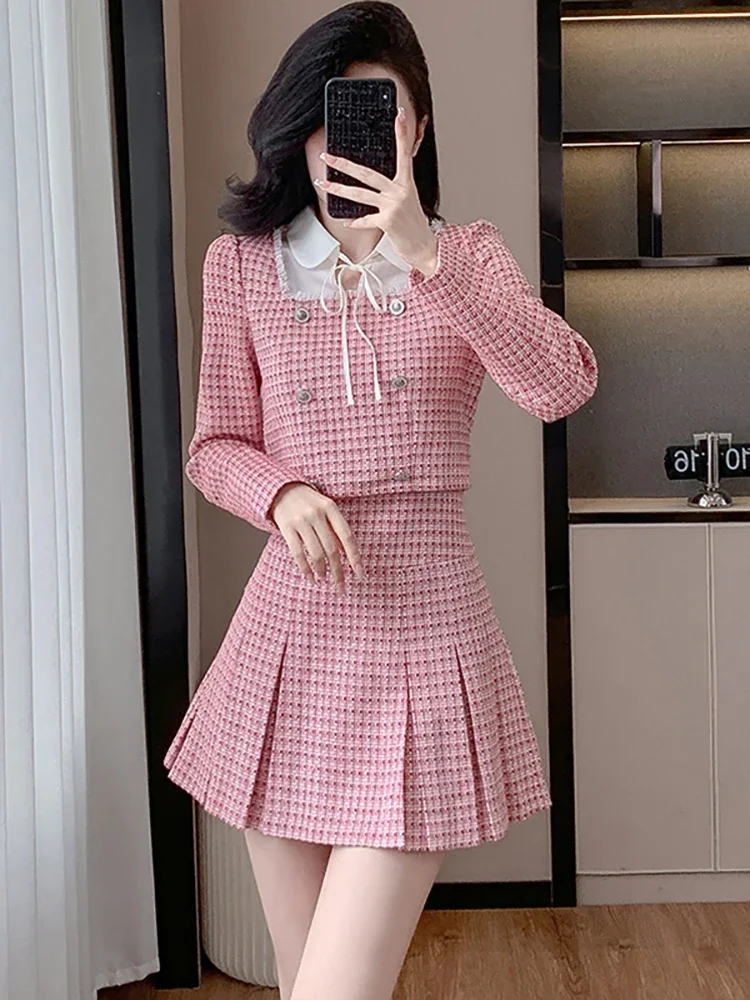 Women Pink Plaid Tweed Fake Two Piece Dress Autumn Winter Long Sleeve Bow Polo Collar Dress 2024 Fashion Elegant Pleated Dresses