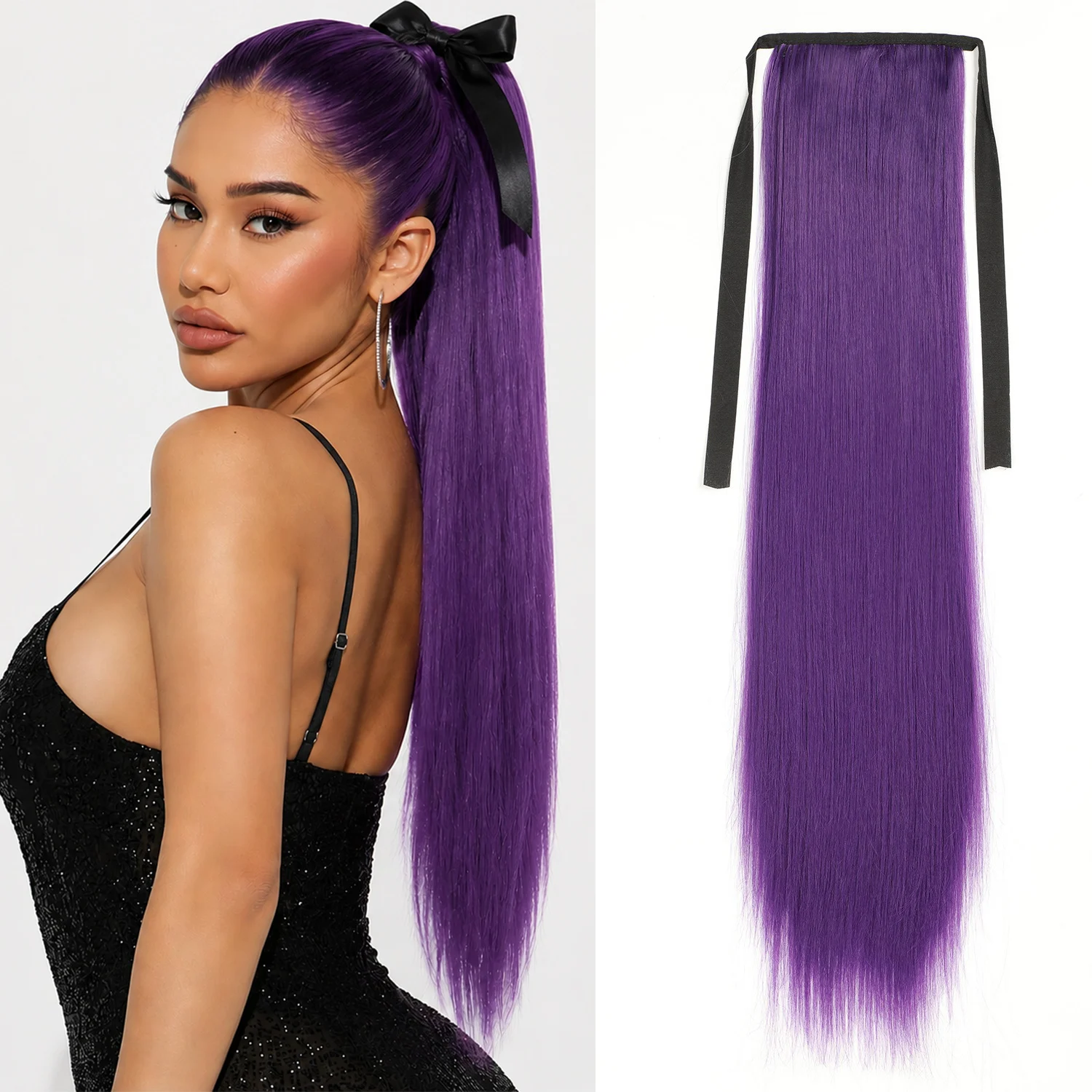 Long Straight Ponytail Extension Clip In Red Pink Purple Color Synthetic Hair Extensions Tie Up Ponytail Hair Pieces for Women