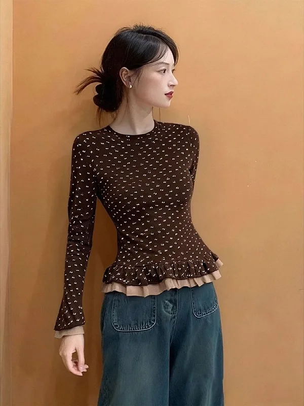 

Женская футболка больших размеров с цветочным кружевным подолом, длинная базовая футболка, нижнее белье, повседневная, облегающая, осенне-зимний топ