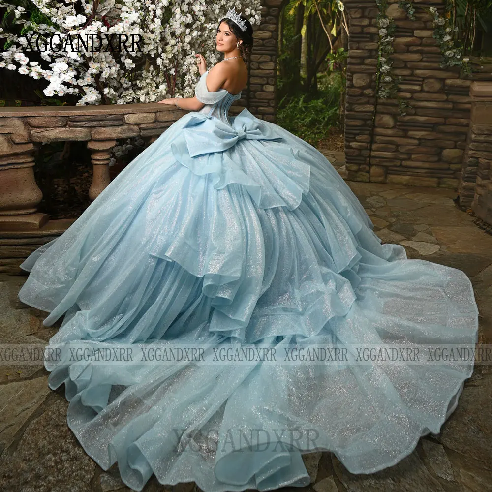 فساتين Quinceanera الأنيقة لعام 2026 على شكل قلب للفتيات مكشوفة الكتف وطبقات على شكل فيونكة كبيرة رداء الأميرة الأزرق الحلو 15 حسب الطلب #2