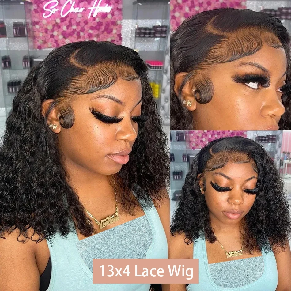 Brazilian Loose Deep Wave 13x4 Lace Frontal Wigs 200% Density Transparent Lace 4x4 Curly Short Bob Wig 100% Human Hair 14 Inch
