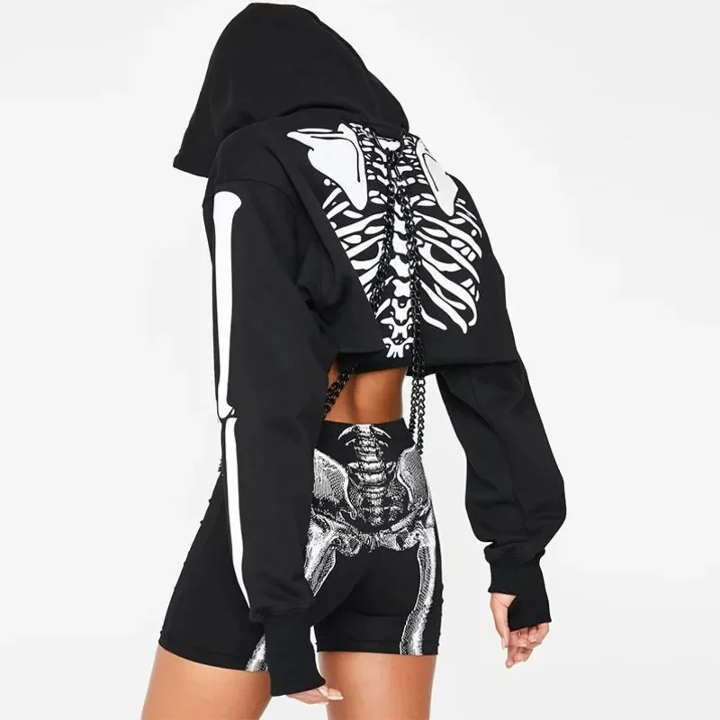 Halloween Punk Y2K Hip Hop Skull Hoodies Outerwear Reflective Short Printed Hoodie Women Autumn Winter Couple Hoodie Top New