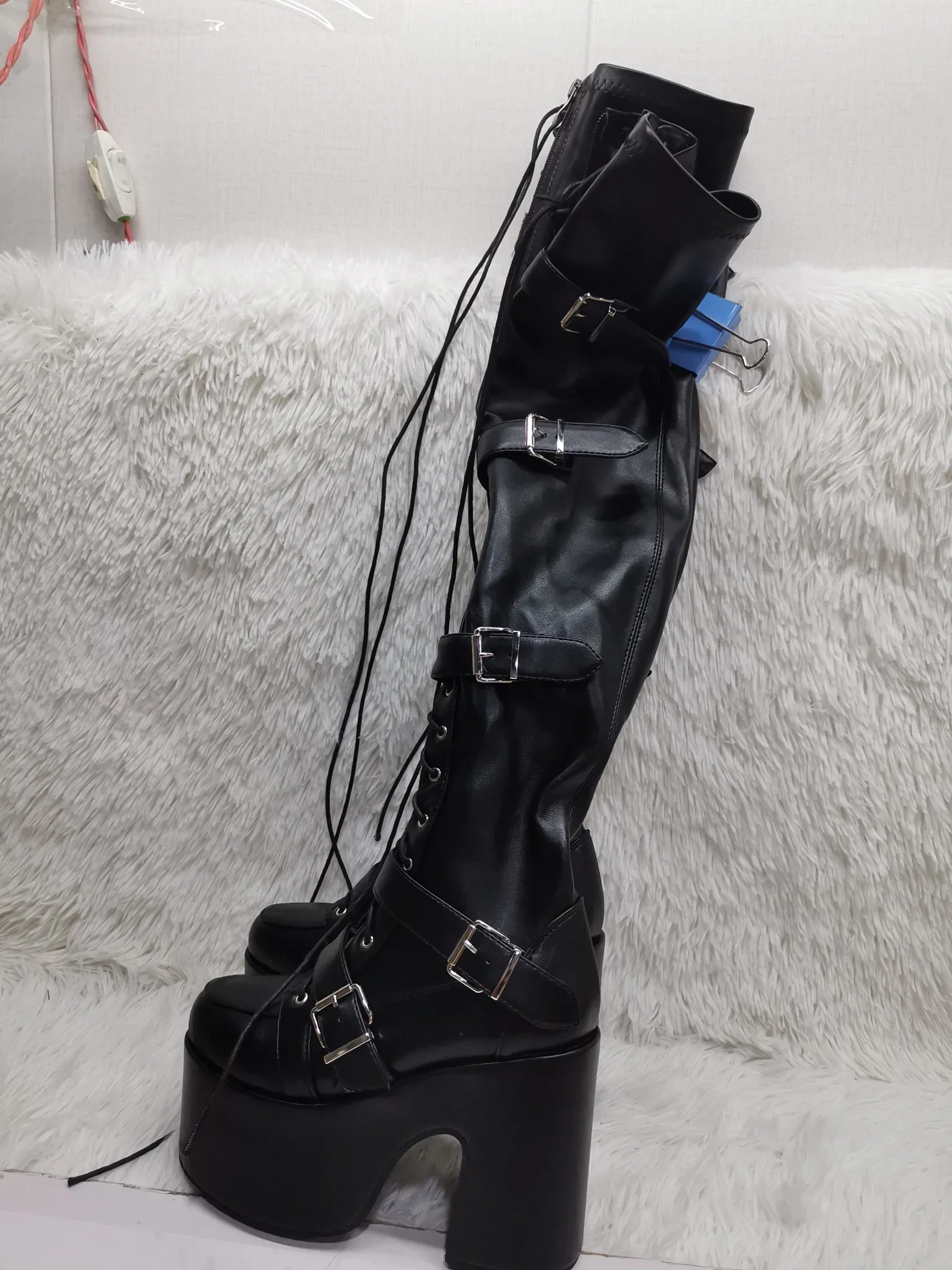 Pink Platform Belt Buckle Women\'s Boots 2024 Autumn Round Toe Cross Strap Thick High Heels Fashion Overknee Street Knight Boots