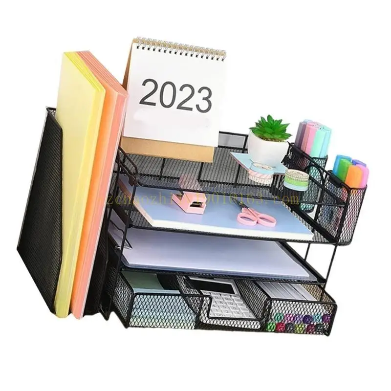 62KA Organizadores archivos con bandeja letras 4 niveles con cajón y vasos para bolígrafos para suministros oficina, ahorro espacio para archivos, documentos, escritorio oficina