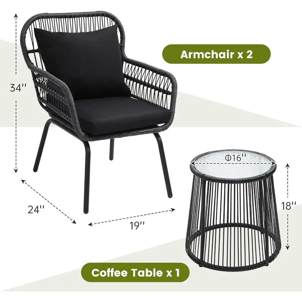 3 Piece Rattan Wicker Bistro Set, Outdoor Conversation Furniture Set with Glass Top Table, Space Saving for Balcony, Backyard