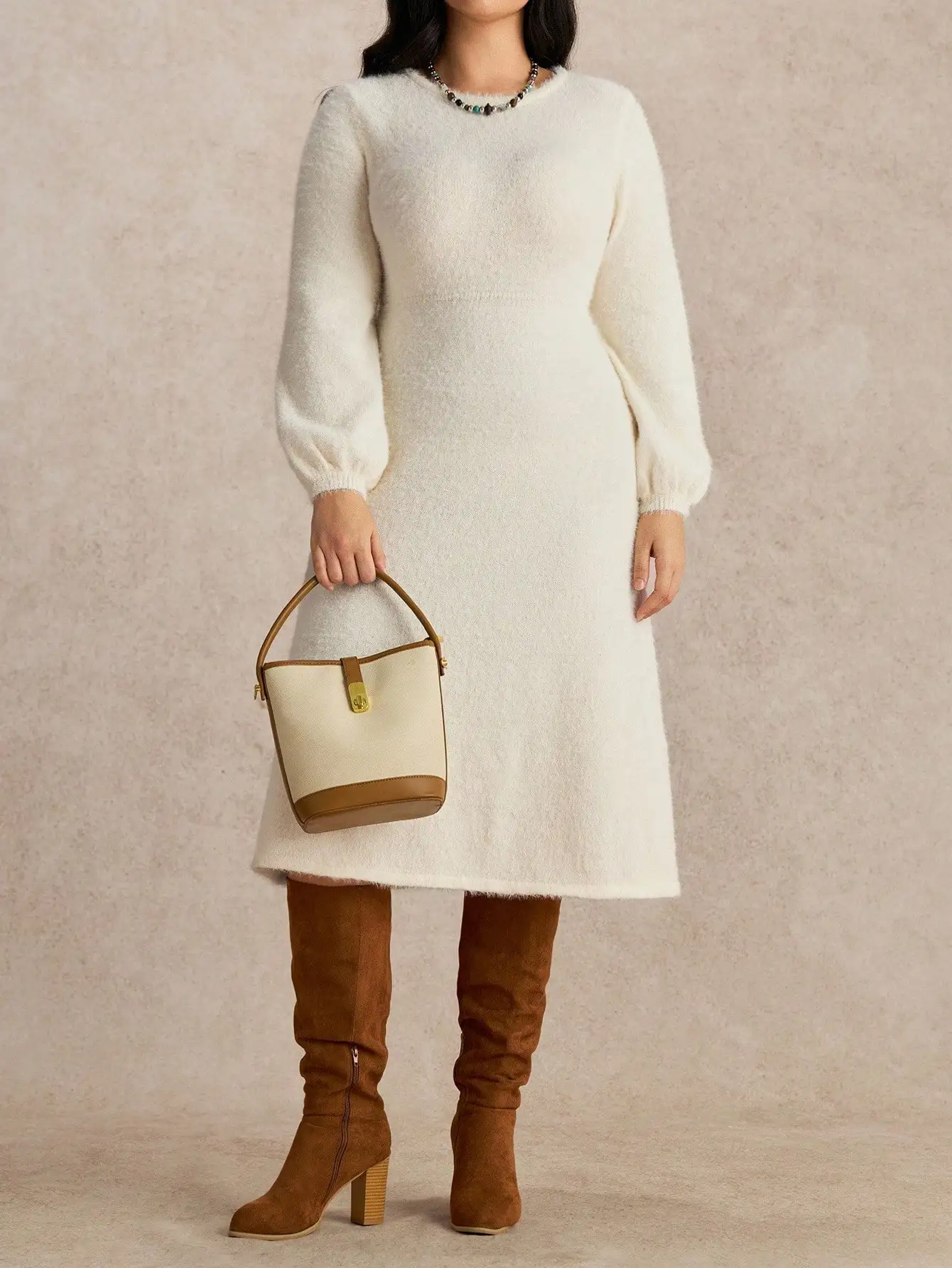 

Кремовое трикотажное платье с длинными рукавами и пышными рукавами-фонариками, зимнее платье миди больших размеров для женщин