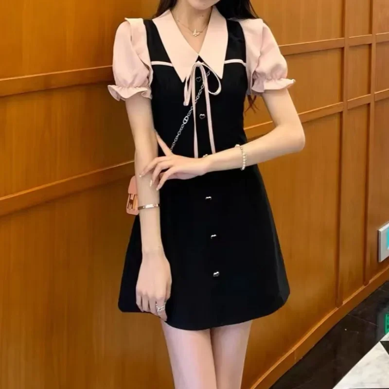 Dresses Women Chic Peter Pan Collar  Defined Waist Temper Daily Korean Fashion Mini Summer Leisure Sweet Lovely Girls Popular