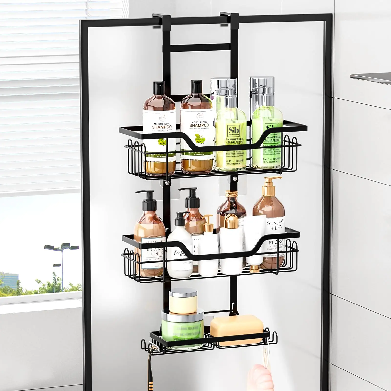 

Подвесной органайзер для душа над дверью, трехъярусные клейкие полки с 4 фиксированными крючками и 2 держателями для мыла