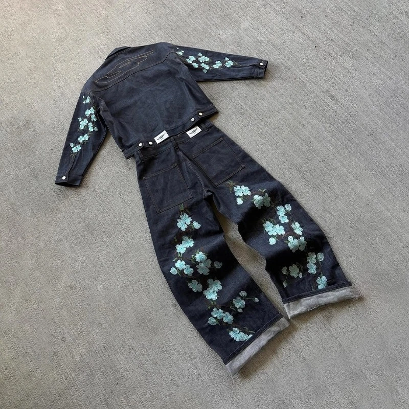 

A Retro Cherry Blossom Men Denim Sets Y2K Harajuku High Quality Embroidered Lapel Denim Jacket Gothic Hip Hop Street Baggy Jeans