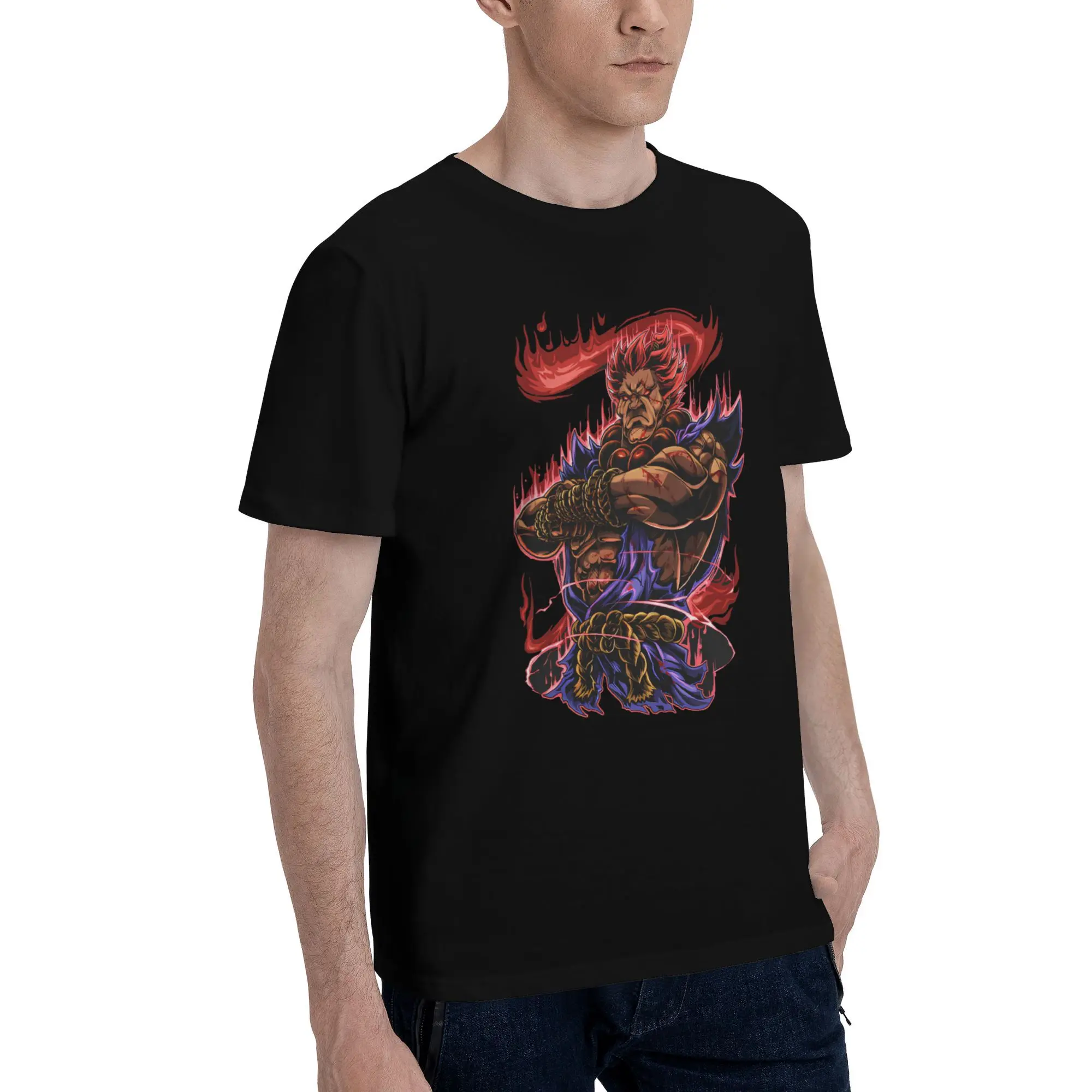 Funny Akuma  Anime T-Shirt Men O Neck Pure Cotton T Shirts Streets Fighters Short Sleeve Tees 4XL 5XL 6XL Clothing