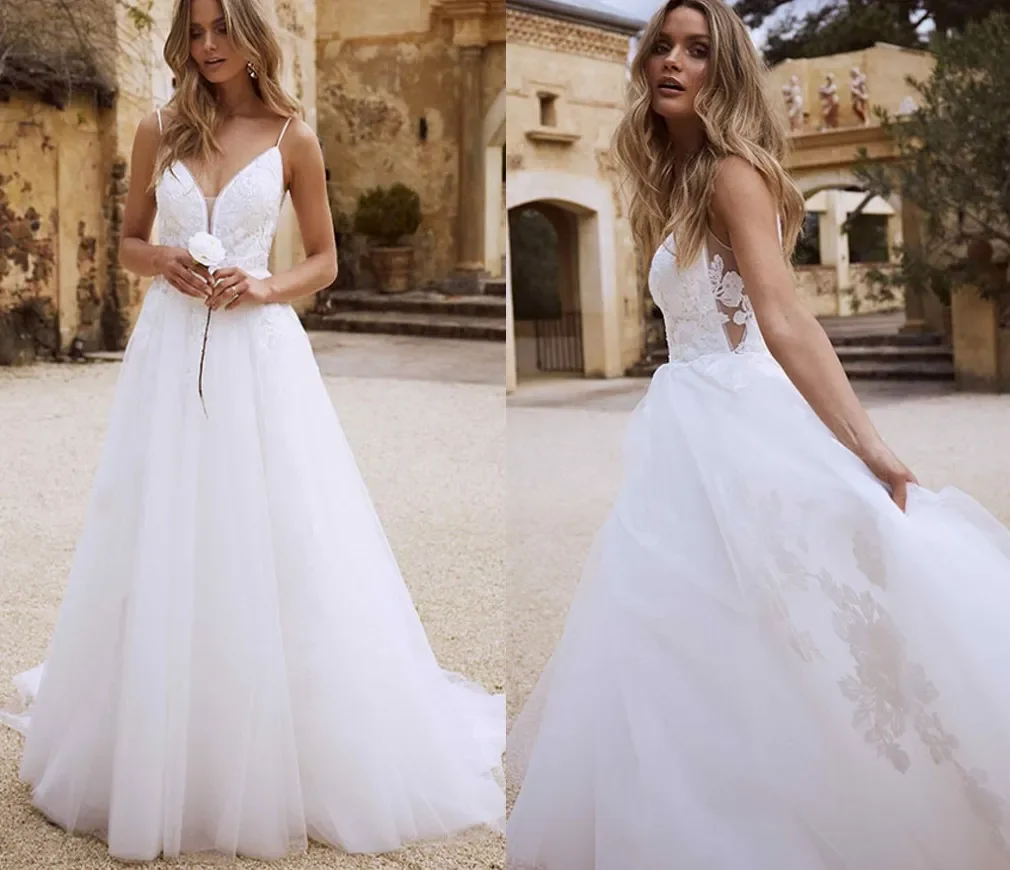 Luxo a linha vestido de casamento de renda, vestido nupcial sexy sem costas, decalque personalizado, praia, moda, novo, 2024