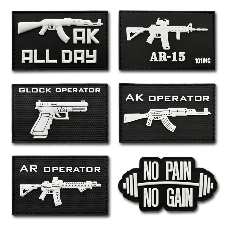 AK AR  patches hook PVC NO PAIN NO GAIN luminous Badges Soft Rubber Tactical Patch For Clothing Bag DIY Accessories