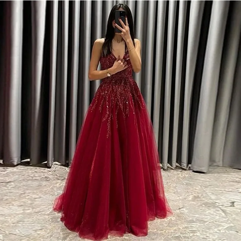 

ANGELSBRIDEP Burgundy Elegant Women Evening Dresses Spaghetti Straps Sequined Tulle Long A Line Robe De Soirée Prom Party Gown