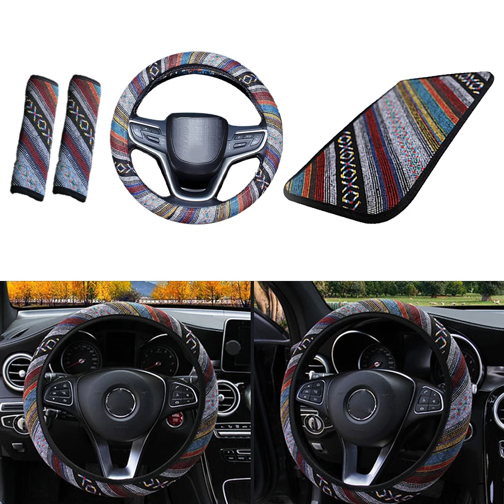 Transform Your Car\'s Interior with this 4PC Bohemian Style Car Accessory Set Steering Wheel Cover Cushion and Shoulder Straps