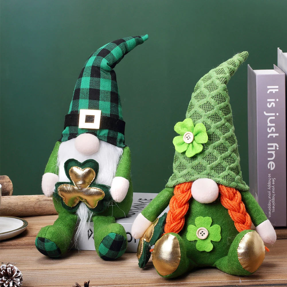 Gnomos de trébol de felpa de 2 piezas, juguete con sombrero, Mini figura enana de trébol, felpa creativa, adorno enano sin rostro, regalos del Día de San Patricio
