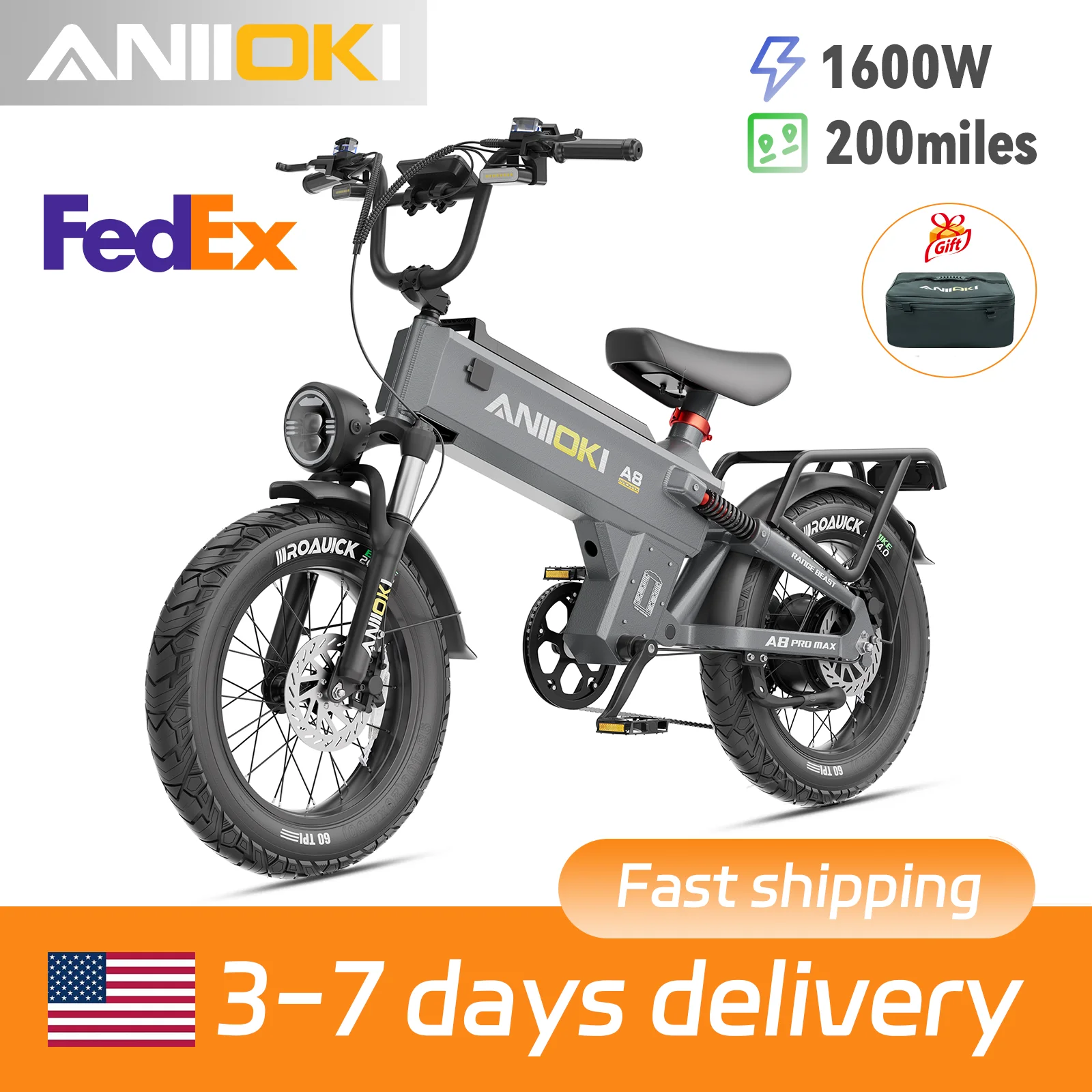 

ANIIOKI Electric Bike 1600W Peak Motor 48V 60Ah Long Battery Life Adult EBike 31mph 20"*4" Fat Tires
