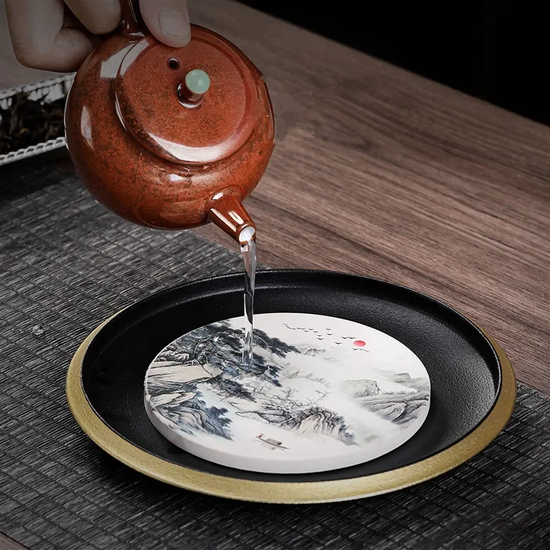 Sippy Cup Bearing Household Black Saucer Light Luxury High-End Gold Tracing Line Kung Fu Ceramic Tea Tray Tea Table