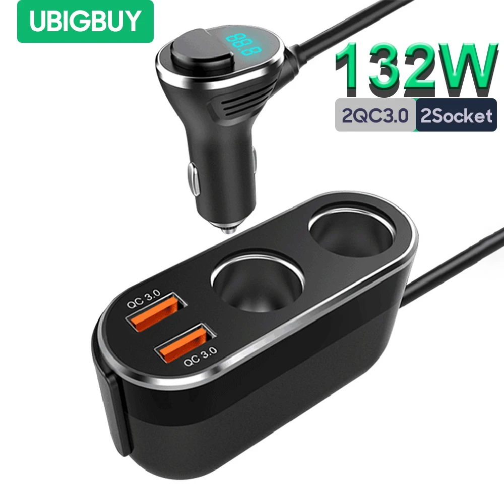 Ubigbuy 4 in 1 Car Charger Adapter 132W Cigarette Lighter Splitter with 2 Socket, 2 USB-A QC 3.0 Ports and LED Voltage Display