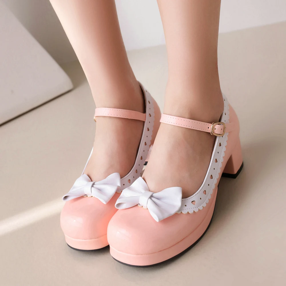 Woman\'s Block Heel Classic Lolita Shoes Cute Bowknot Strap Buckle Vintage Mary Jane Shoe Patent Leather Platform Pumps Plus Size