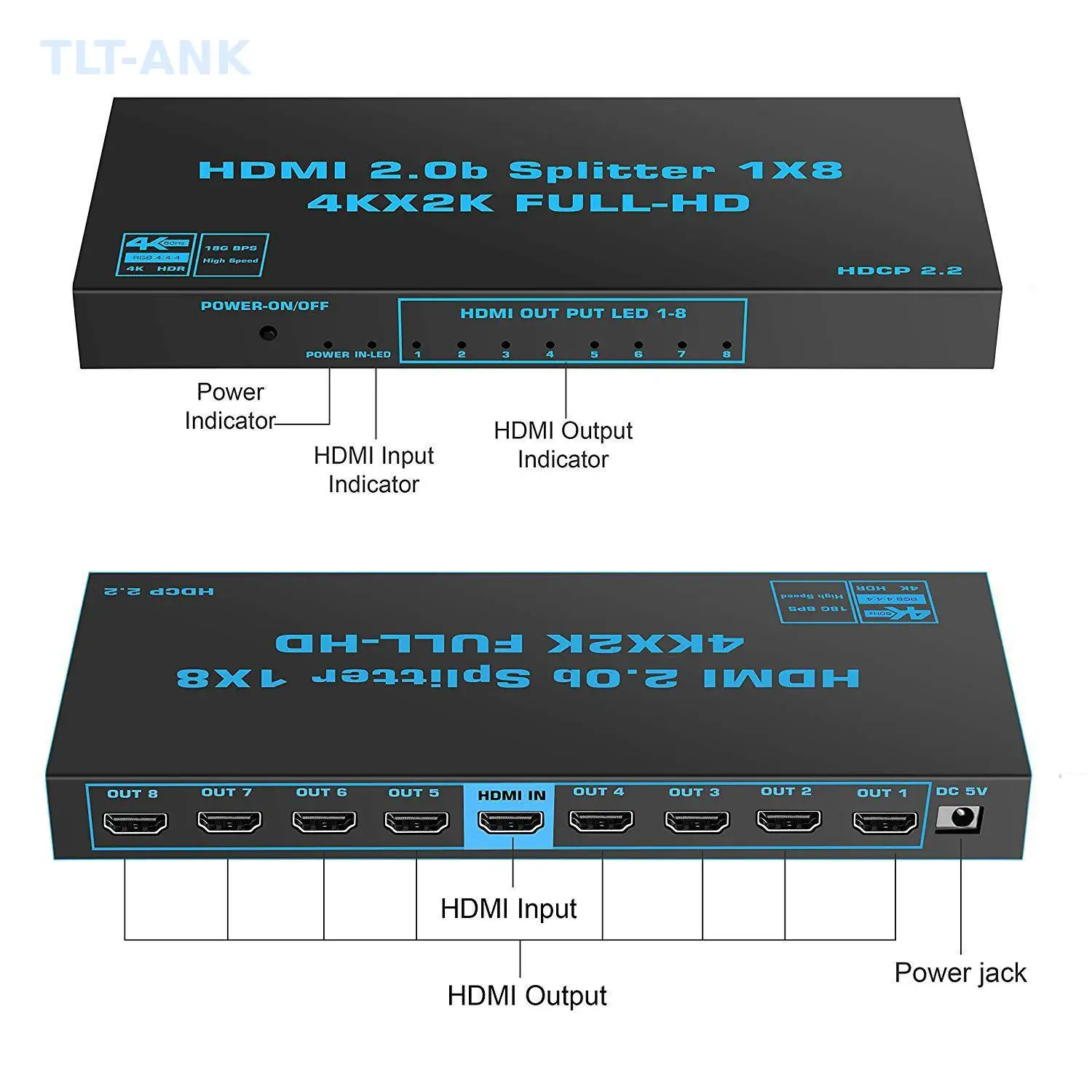 1x8 HDMI 2.0 Splitter One Input Eight Output Multi-Screen Display Adapter, Built-in Scaler, 4K 60Hz HDCP2.3 Dolby Atmos Supporte
