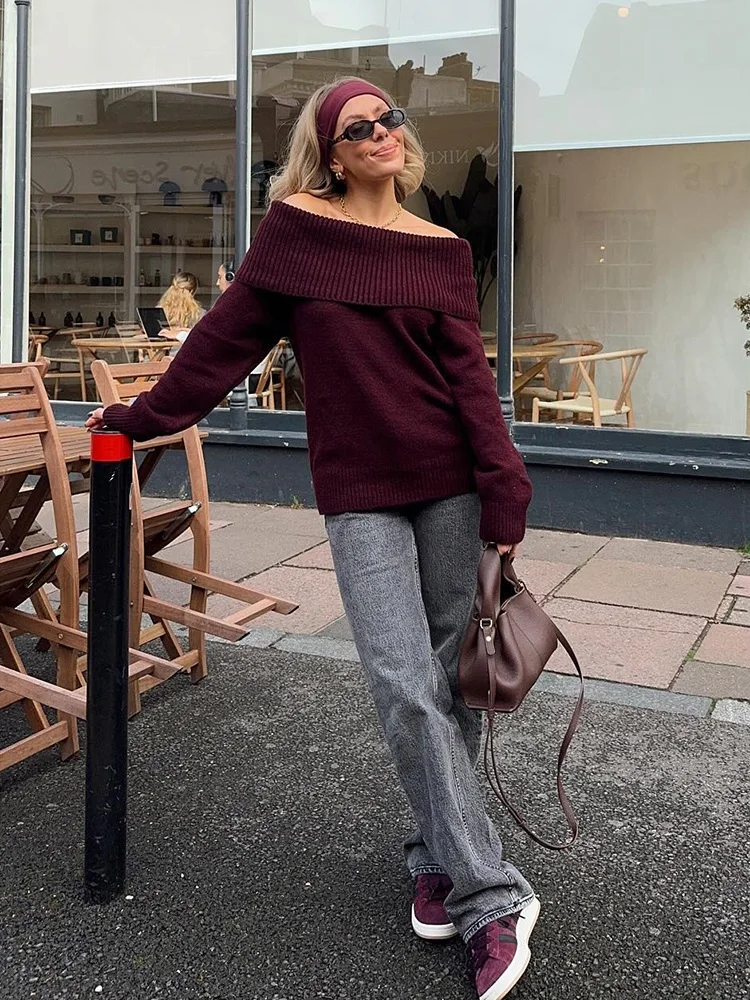 Willshela Women Fashion Wine Red Ruffled Pullover Knitted Sweater Vintage Slash Neck Long Sleeves Female Chic Lady Tops