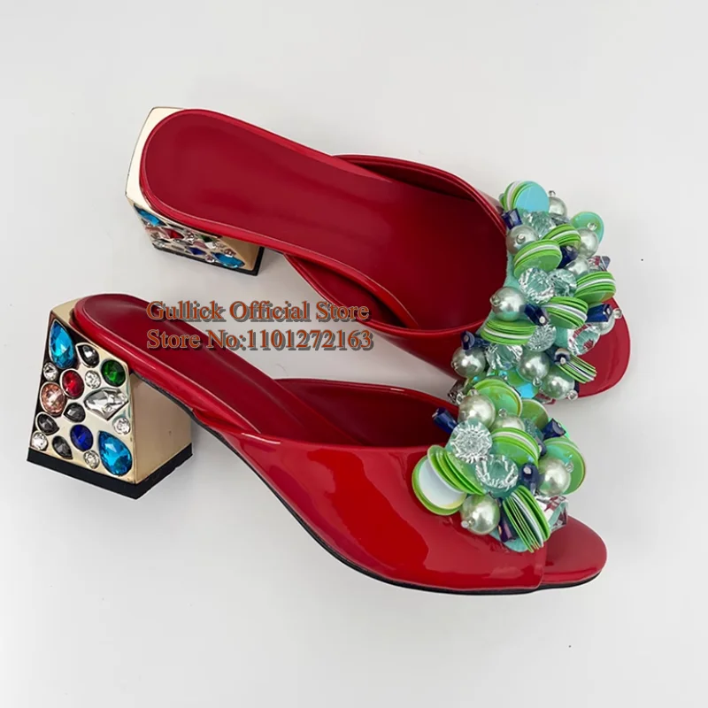 Multi Colors Gem Rhinstone Chunky Heels Women Slippers Red Patent Leather Slip On Sequins Pearls Open ToeFemale Sandals