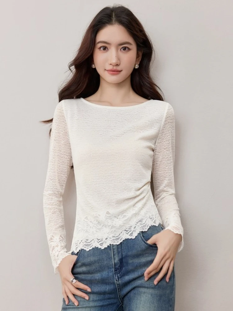 

SENTUBILA White Shirt Women's 2025 Autumn Slash Neck Gathered Cinched Waist Slim-Fit Lace Floral Knitted Tops Elegant 153SA2374