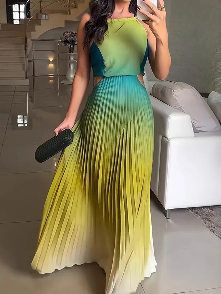 

Простое платье макси без рукавов в стиле пэчворк, женское летнее элегантное вечернее платье со шнуровкой и круглым вырезом, сексуальное женское платье с открытой спиной