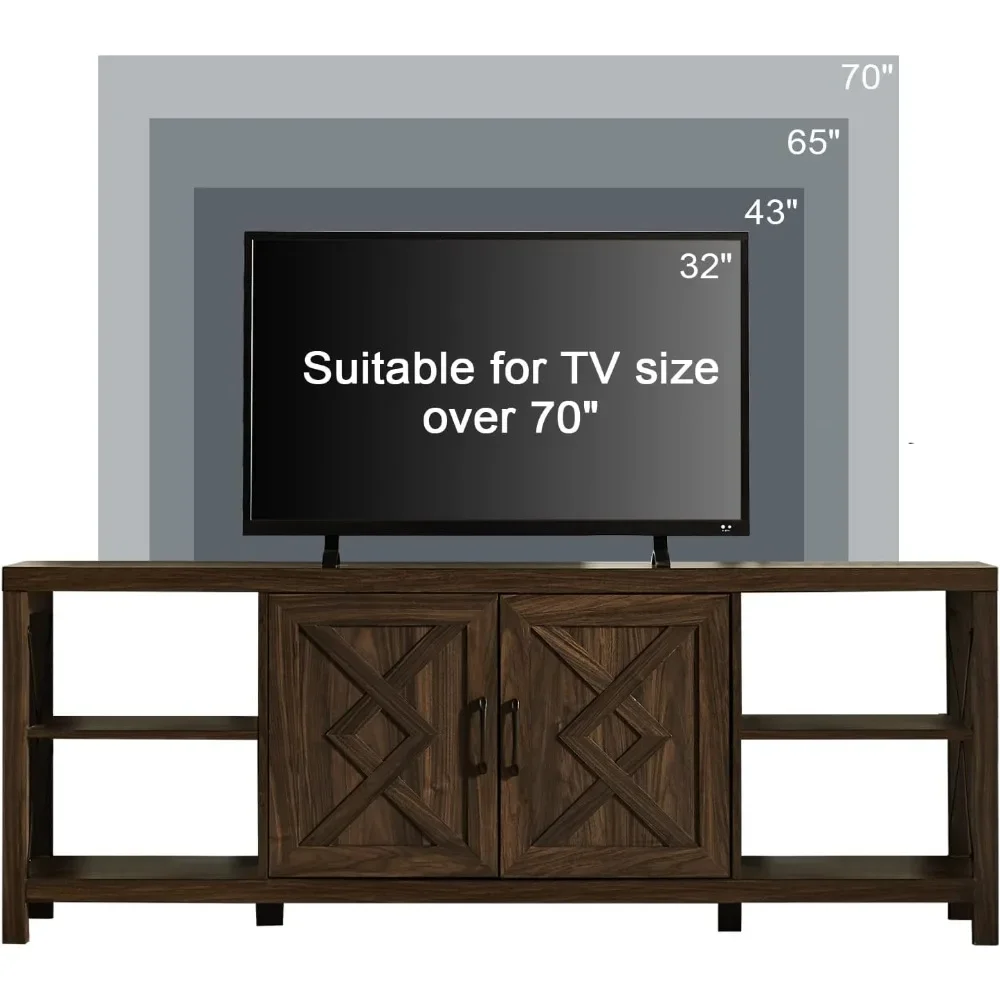 Suporte de TV para TV de 75 polegadas com armazenamento, suporte de TV de madeira de 65 polegadas de largura com dobradiças de porta de fechamento suave