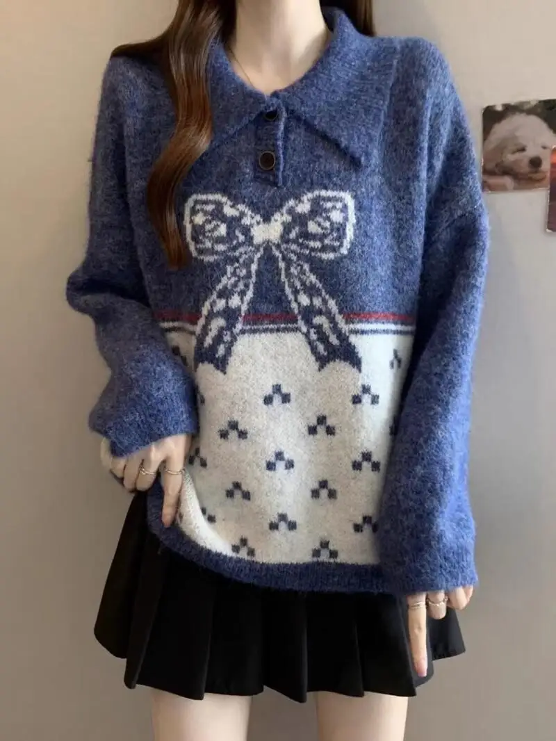 

Свитер, трикотаж, женский вязаный свитер с воротником-поло, женский осенне-зимний новый большой размер, тонкий жаккардовый топ с французским бантом