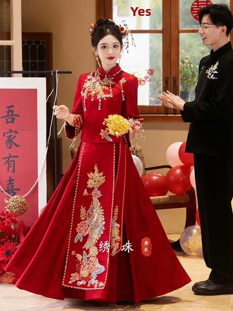 

Новое свадебное платье Xiuhe 2025 года с длинными рукавами для невест и подружек невест, идеально подходит для помолвки и свадебных церемоний