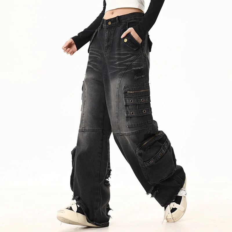 Hi Street Baggy Cargo Jeans Pants Multi Pockets Streetwear Black Denim Trousers For Male